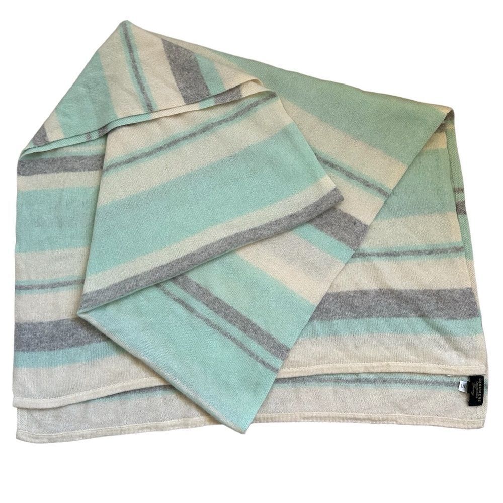 100% cashmere‎ charter club luxury wide long big scarf striped cream turquoise